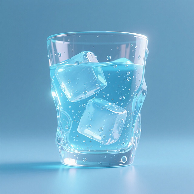 3D轻拟物风设计，玻璃杯中冰块与气泡，清新蓝调，尽显夏日清爽感。