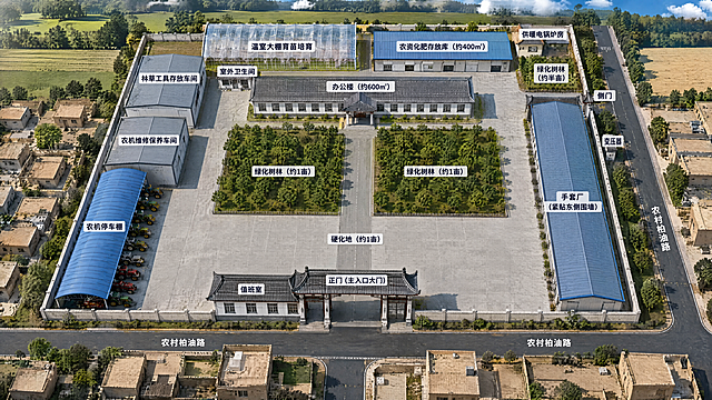 乌什县现代农事综合服务中心总规划平面图鸟瞰图，布局如下：

【南侧区域】
- 南侧正中央是正门（主入口大门），中式门楼风格
- 值班室两间与正门连在一起，紧挨大门门楼西侧，连成一体无空隙，白墙灰顶
- 农机停车棚紧连着值班室北侧，拱形蓝顶，沿西侧围墙向北延伸，停放农机具
- 正门南侧外面是农村柏油路，黑色沥青路面，路两边是新疆南疆农民房子，土黄色平顶小院

【西侧区域】
- 农机停车棚北侧是农机维修保养车间，正方形钢结构厂房
- 维修车间北侧是林草工具存放车间，长方形钢结构厂房
- 西侧农机区前面（东侧）没有绿化，直接是硬化道路和空地

【中部区域】
- 正门北侧是硬化地约1亩，开阔水泥地面
- 硬化地北侧是两块正方形绿化树林，各约1亩，东西并排，中间是主路
- 主路从正门笔直通向办公楼大门

【东侧区域】
- 东侧围墙边是手套厂，南北向长条形钢结构厂房，蓝灰顶
- 手套厂非常靠近东侧围墙，紧贴围墙建造
- 手套厂东侧外面是农村柏油路，黑色沥青路面，路两边是农民房子

【北侧区域】
- 两块绿化北侧是一层办公楼约600平方，东西向横向长方形，白墙灰顶，大门朝南正对正门
- 办公楼西北侧是室外卫生间
- 办公楼北侧偏西是温室大棚育苗培育，大型横向连栋透明温室
- 办公楼北侧偏东是农资化肥存放库约400平方，横向长方形钢结构
- 农资库东侧是绿化树林约半亩地
- 农资库东北侧是供暖电锅炉房
- 锅炉房南侧是侧门，在东侧围墙北部，侧门外面也是农村柏油路
- 侧门南侧是变压器

【整体风格】
- 四周围墙围合，新疆南疆乡村风貌，蓝天白云，外围农田林带
- 鸟瞰视角，高清细节，专业规划效果图，各区域有文字标注
