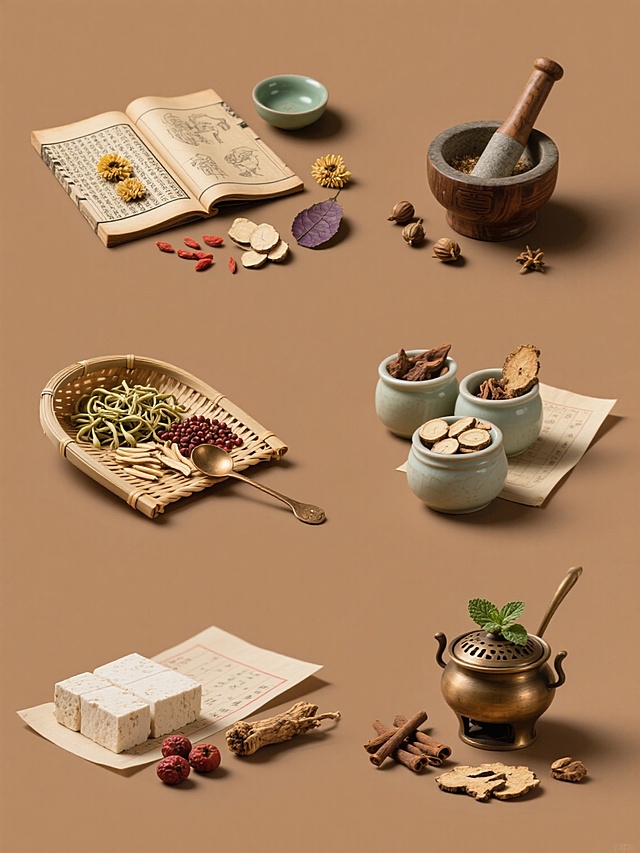 纯色背景下，保持原中药素材写实摄影风格，以传统中医药为主题，生成六个完全不同元素内容的系列素材集合，规整排布。每个素材单元均采用高清写实摄影手法，展现不同种类的中药实物，包括但不限于：1. 一本翻开的古老线装中医药典籍，书页上散落着干制的菊花、枸杞和几片当归切片，旁边放置一个小巧的青瓷药碗；2. 一个古朴的木质药碾子，碾槽内盛放着待研磨的苍术，旁边散落几颗饱满的连翘果实和几片紫苏叶；3. 一组三个不同规格的陶瓷药罐，罐口分别露出丹参、黄芪和党参的断面，罐旁摆放一张折叠的处方笺；4. 一个竹编簸箕内整齐码放着金银花、麦冬和五味子，簸箕边缘斜搭着一把铜质药匙；5. 一块切割整齐的茯苓块，旁边摆放着整支的川芎根茎和几串干山楂，背景是半张摊开的中医药图谱；6. 一个铜制药炉，炉旁散落着桂枝、陈皮和干姜，炉盖上放着一小束薄荷。所有元素保持统一的暖色调光影，清晰的纹理细节，柔和的阴影过渡，整体呈现古朴自然的中医药文化氛围，各单元构图协调一致，形成系列感。