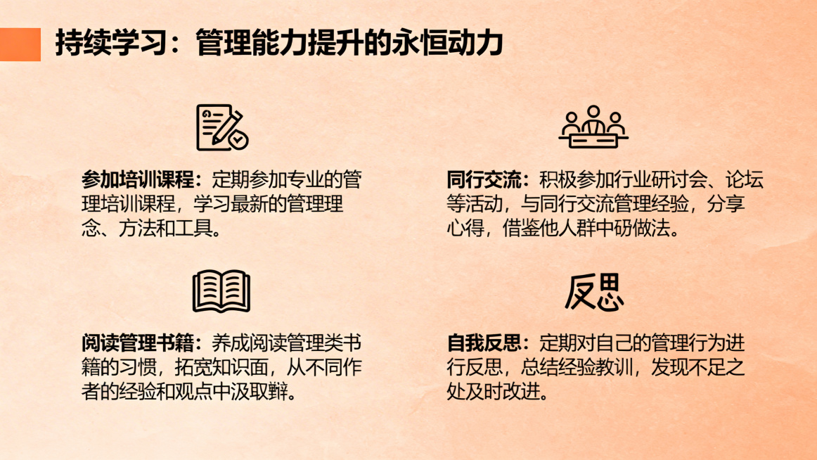 PPT内容页，淡橙色背景，标题为"持续学习：管理能力提升的永恒动力"，分两栏排版四个要点，每个要点前配对应小图标：第一栏：培训课程图标对应"参加培训课程：定期参加专业的管理培训课程，学习最新的管理理念预览效果