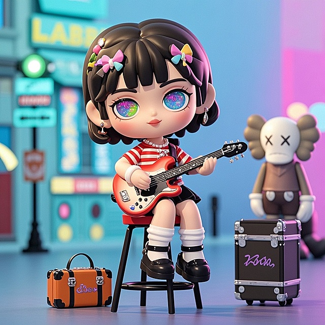 软3D风卡通女孩弹吉他，霓虹灯背景，可爱感十足，充满节日氛围。