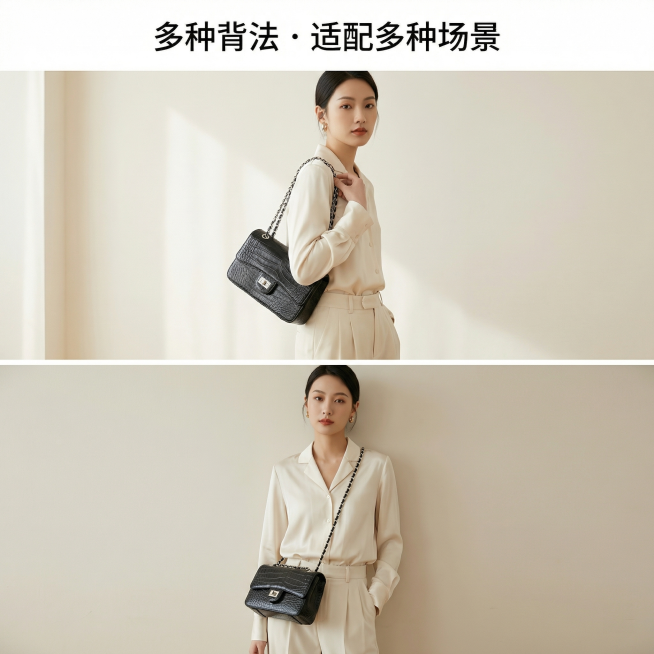 [主图4 穿搭场景拼图]，上下分屏拼图设计，上图展示包包腋下背法上身效果，下图展示斜挎背法上身效果，同一位亚洲女性模特，穿搭一致，背景均为简约纯色墙面，光影自然统一。画面顶部文案“多种背法 · 适配多预览效果