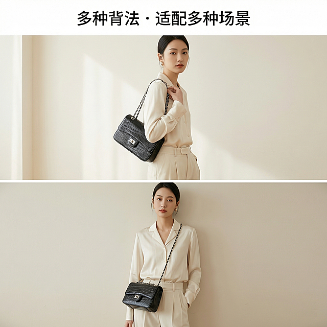 [主图4 穿搭场景拼图]，上下分屏拼图设计，上图展示包包腋下背法上身效果，下图展示斜挎背法上身效果，同一位亚洲女性模特，穿搭一致，背景均为简约纯色墙面，光影自然统一。画面顶部文案“多种背法 · 适配多种场景”，字体简约黑色，居中排版，不遮挡主体，整体精致自然，延续高奢舒适风格，1:1比例，拼图设计清晰，符合淘宝平台规范。