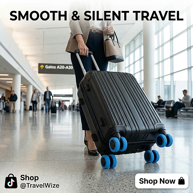 Single square product image for TikTok shop: person pulling a black suitcase with silicone wheel covers installed walking through airport terminal, text "SMOOTH & SILENT TRAVEL" at top, "Shop Now" button at corner, English text, realistic commercial style for TikTok US market.