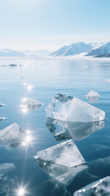 超写实摄影风格，清澈透明的湖面，水面波光粼粼，远处是朦胧的雪山轮廓，天空呈现渐变的淡蓝色，光线明亮柔和，营造出宁静纯净的氛围。前景中，水面上漂浮着多块棱角分明、晶莹剔透的冰块，冰块表面有自然的纹理和不规则的几何切割面，阳光照射下折射出璀璨的光芒，冰块的倒影清晰地映在水面上。预览效果