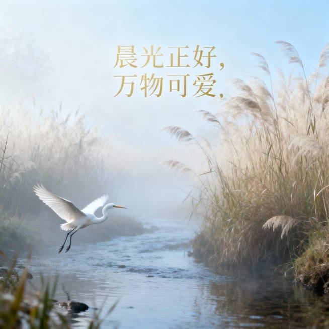 溪边的芦苇丛，晨雾弥漫，一只白鹭掠过水面，配 “晨光正好，万物可爱”，100*100，预览效果