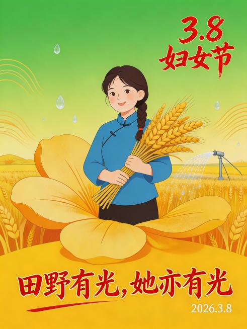 国潮扁平插画风格，一位女农民手持麦穗，站在一朵金色油菜花花瓣上，花瓣中是麦田与灌溉设施，背景是金黄与翠绿的渐变，点缀麦浪与水滴元素，整体充满生机。右上角有红色书法字体文字“3.8 妇女节”，底部有带金预览效果