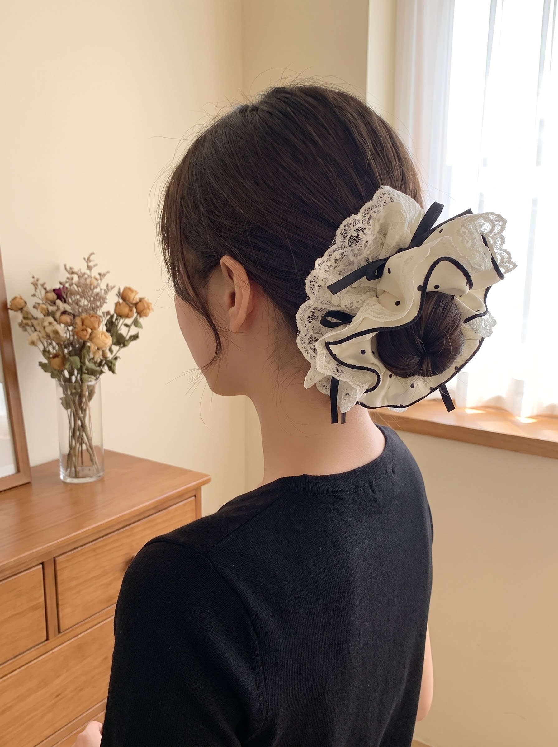 生成一位韩系甜美风格的年轻女性模特，佩戴参考图中的温柔复古波点… - 图片创意预览