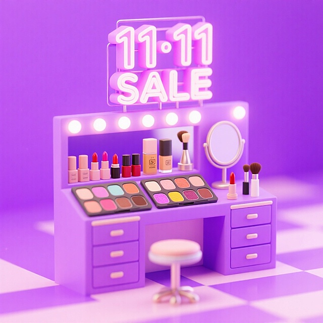 画面主视觉是一个微缩的彩妆柜台，远景，柜台上有一个灯牌“11·11 SALE”，眼影盘、口红、粉底、化妆刷、镜子等物品摆放在柜台上，可爱活泼的彩妆品牌氛围，高饱和紫粉调。