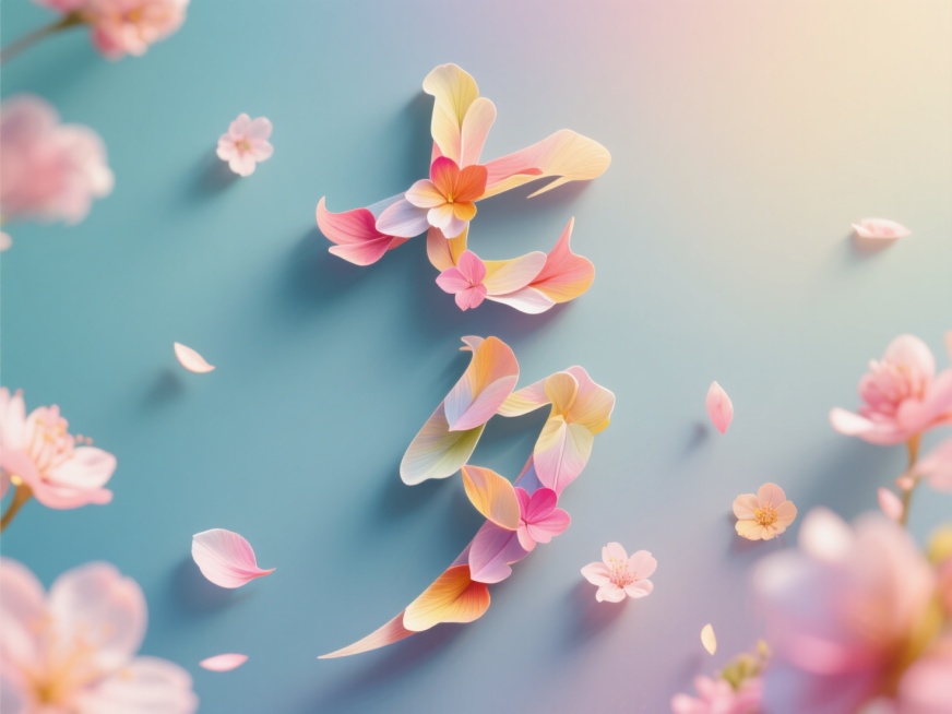 竖排文字"七夕"，线条流畅，手写，花瓣拼出的艺术字。点缀花朵元素。渐变背景，浪漫七夕氛围。预览效果