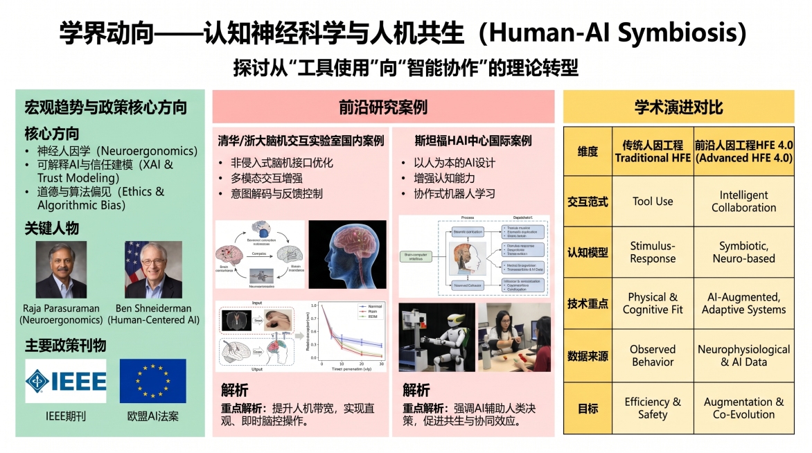 参考这张图片的排版布局，替换内容生成新学术海报：标题为"学界动向——认知神经科学与人机共生 (Human-AI Symbiosis)"，副标题"探讨从'工具使用'向'智能协作'的理论转型"。整体分多栏预览效果
