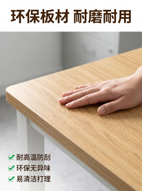[主图 3] 电脑桌耐磨桌面材质细节展示。[氛围风格] 现代简约，统一办公场景光影。[画质] 商业摄影质感、光线柔和通透、产品清晰真实、画面干净高级。[元素] 全屏放大展示电脑桌原木纹理桌面，一只手轻预览效果