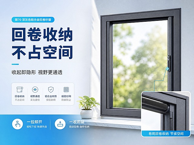 [商品] 使用【图70】深灰色铝合金回卷纱窗整机；保留外框、竖向锁具与细密纱网，展示纱网回卷收起后的状态；结构与颜色不变。[画面] 横版4:3回卷收纳页：产品安装在卧室窗框上、纱网收起状态位于画面右侧55%，左侧留白放标题区，前景窗台放一盆小绿植，窗外虚化绿植与日光；右下角放一个圆角小窗放大卷筒回卷收纳细节作为证据组件；中景景别；背景为清透浅蓝到白渐变。[视觉] 套系策略：风格=国内家居清爽蓝白科技风商业排版；标题字=现代无衬线粗黑体；正文字=简洁无衬线常规体；主色=清透浅蓝；背景延展=基于清透浅蓝做深浅层级、同色渐变与细腻墙面质感；强调色=青蓝，仅用于小面积图标、引线和标签；标题色=深蓝；正文色=中灰蓝；组件=白色圆角卡片、细线图标、编号圆标、底部蓝色信息条；光影=窗外自然侧逆光，左前侧柔和补光。[文字] 主标题“回卷收纳 不占空间”；副标题“收起即隐形 视野更通透”；底部两个短卖点“一拉即开”“一收即隐”；文字横排不遮挡产品主体。[规格] 图片比例4:3横版，2K，中文清晰无错字；负向：变形、错字、文字过小、竖排或旋转文字、产品结构改变、颜色改变、水印、平台Logo、绝对化用语。
