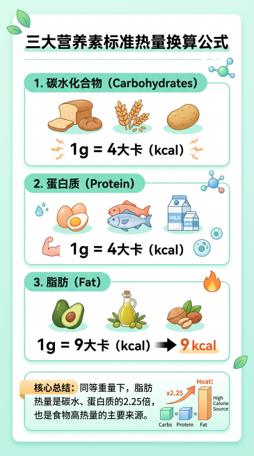 制作一张营养知识科普关照贴图，清晰展示三大营养素标准热量换算公式，内容包含：
标题：三大营养素标准热量换算公式
1. 碳水化合物：1g = 4大卡（kcal）
2. 蛋白质：1g = 4大卡（kcal预览效果