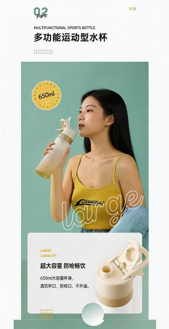 保留整体构图、水杯产品细节和所有文字内容不变，只更换人物形象，保持原背景配色和排版结构不变，高清4K画质预览效果