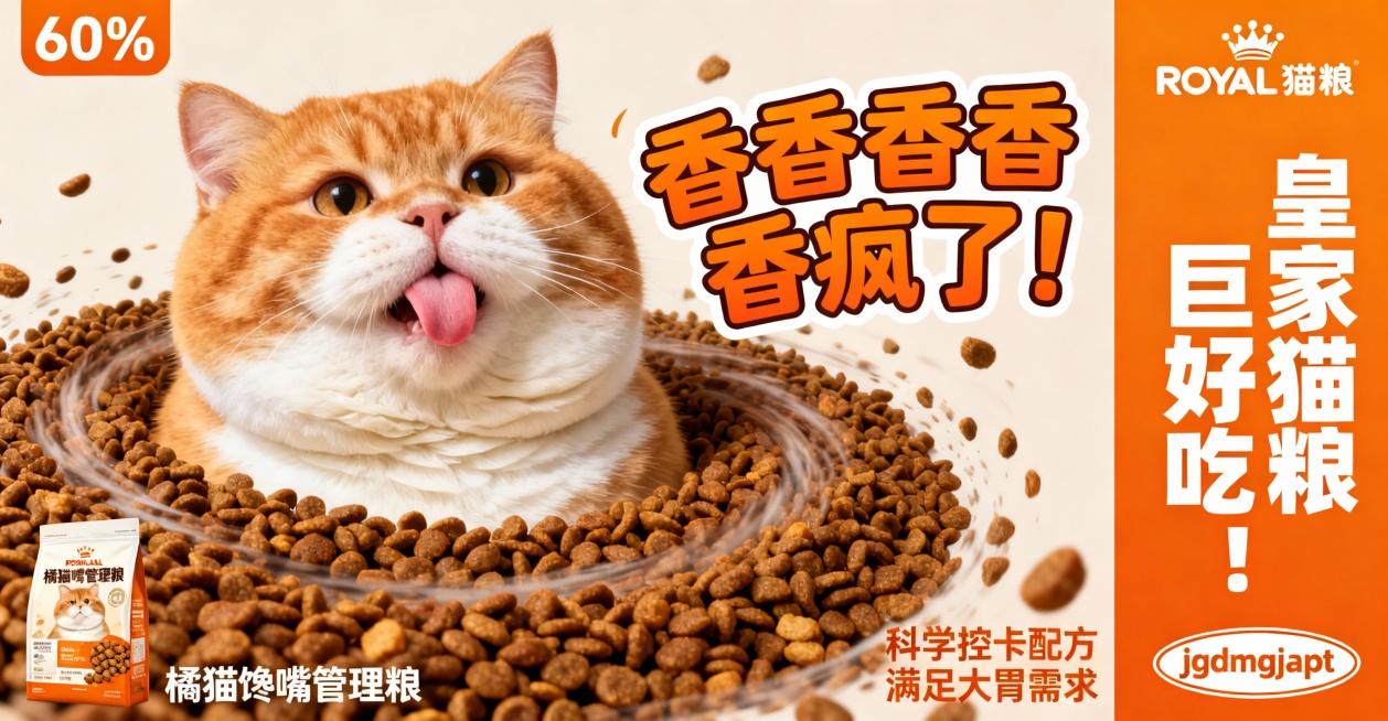 超级超级变形鱼眼变焦镜头，第一人称视角，肥胖橘猫探头，超特写面部充满画面，难见脖子，身体浑圆如球，表情生动，急切舔着小巧粉嫩舌头，面部赘肉从边缘溢出，双下巴层层叠叠，周围巨量猫粮颗粒呈涡旋状向中心涌动预览效果