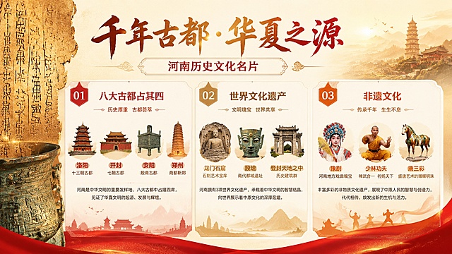 河南历史文化介绍PPT内页，活力旅游风，16:9横版。页面标题"千年古都·华夏之源"，副标题"河南历史文化名片"。内容分为三个板块：1.八大古都占其四（洛阳、开封、安阳、郑州）配古建筑图标；2.世界文化遗产（龙门石窟、殷墟、登封天地之中）配文物图标；3.非遗文化（豫剧、少林功夫、唐三彩）配传统艺术图标。每个板块有简短说明文字。左侧或右侧配甲骨文纹样、青铜器纹理装饰。色调以暖金色、朱红色、米白色为主，典雅又不失活力。版式精美，图文并茂，信息卡片式布局，高清2K画质