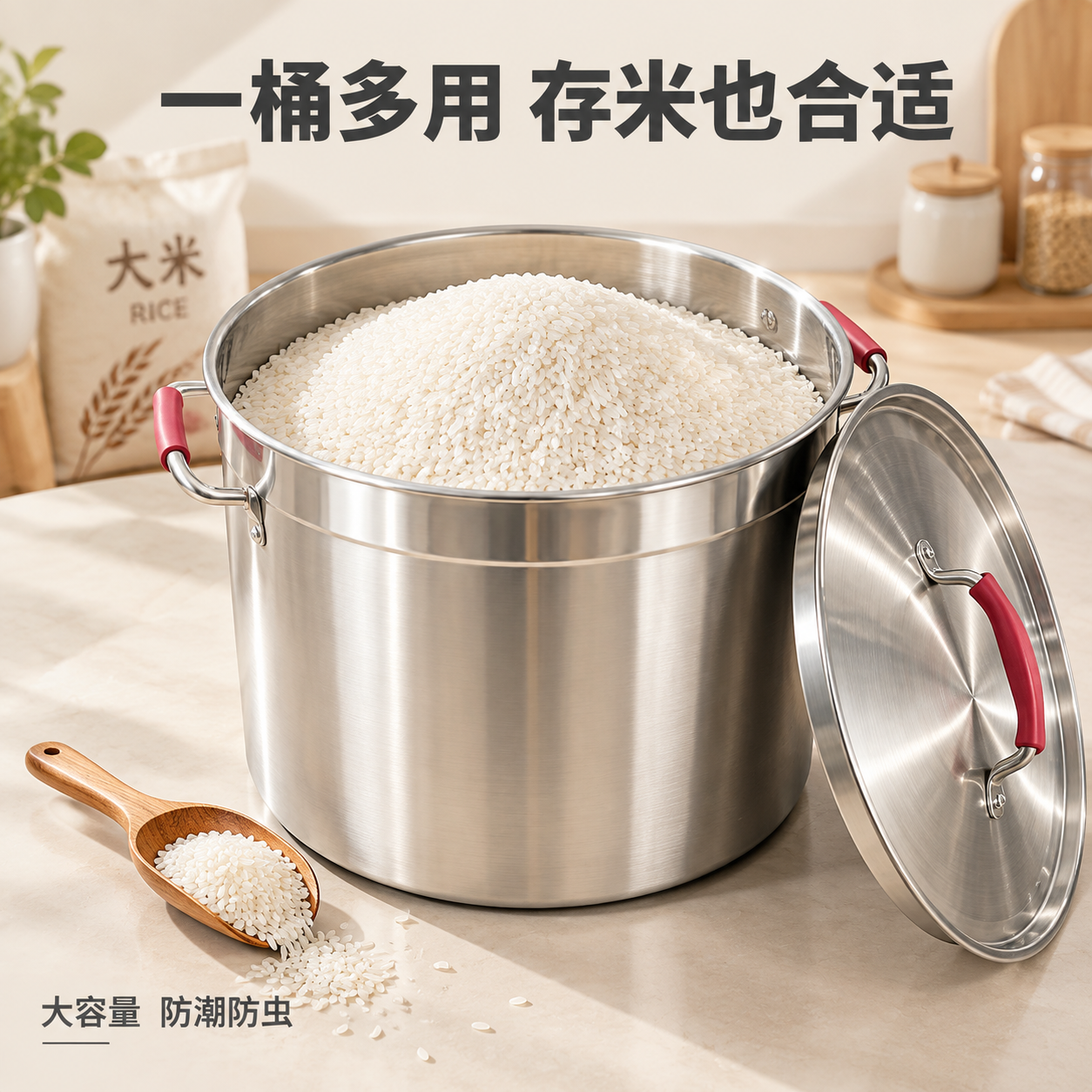 [主图-放大米场景] 不锈钢汤桶放大米使用场景主图，展示汤桶作… - 图片创意预览