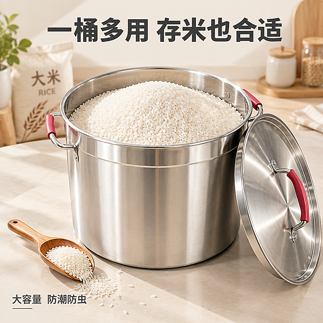 [主图-放大米场景] 不锈钢汤桶放大米使用场景主图，展示汤桶作为米桶储存大米的多功能用途。
[统一基调] 国内电商淘宝天猫风格，洁净通透、实用主义、商业摄影质感；主色为不锈钢银灰+米白暖调背景，强调色为暗红（握把），字体为无衬线粗体中文，标题深灰、辅助文字浅灰。
[画面] 产品为口径42CM、高度30CM的圆柱形不锈钢汤桶，开盖状态，桶内装满颗粒饱满的白色大米，米堆略高于桶口呈自然锥形；锅盖斜靠在桶身右侧；旁边放一个小木米勺，勺内盛有少量大米，有几粒米正从勺中洒落；产品略微俯视角度，占画面约60%；背景为简洁的浅米色厨房台面，远处有虚化的米袋和厨房小物件，景深虚化突出主体；顶部大标题"一桶多用 存米也合适"，左下角小字标注"大容量 防潮防虫"。
[光影质感] 商业摄影质感，柔和自然光从侧上方照入，大米颗粒晶莹有光泽，不锈钢桶身反射暖调环境光，金属拉丝纹理清晰，阴影柔和自然，整体干净温馨有生活感。
[配色] 银灰金属色为主，米白色大米与暖米色背景协调，暗红握把点缀，深灰色标题文字。
[文字版式] 顶部居中大标题"一桶多用 存米也合适"粗体无衬线字；左下角辅助说明"大容量 防潮防虫"小号字；文字放在画面上下负空间，不遮挡汤桶与大米主体。
[输出要求] 1:1正方形，2048px，产品与大米清晰锐利，文字清晰可读；负向：变形、错字、模糊、杂乱背景、水印、平台Logo、悬浮、穿模、大米颗粒粘连不清。