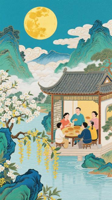一轮金黄圆月，背景为带金色纹理的天空，中层是蓝黄渐变层叠山峦、云雾及红色中式亭台楼阁，楼阁内是家人团聚赏月，共品月饼，近景有波光粼粼水面、开白花树木、垂落黄色桂花枝条和蓝绿色岩石；整体暖金色为主色调，预览效果