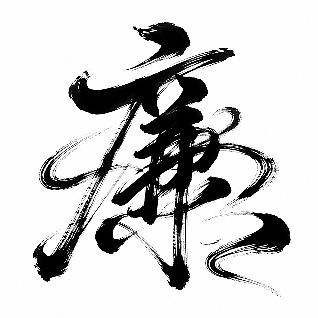 黑色字体，白色背景，干净的背景，创意书法字体设计一个字"廉"，将字体进行大幅度抽象变形。狂草连笔风格，笔画连绵缠绕一气呵成，点画之间牵丝映带自然连笔，字形狂放不羁充满动感，笔画粗细变化丰富如同毛笔挥毫，飞白与浓墨交织，整体气势磅礴有书法艺术张力。画面中只能出现这一个字："廉"，不得增加、遗漏或替换任何一个字。文字整体必须完整呈现在画面内不可被裁切，四周留有安全边距。比例1:1