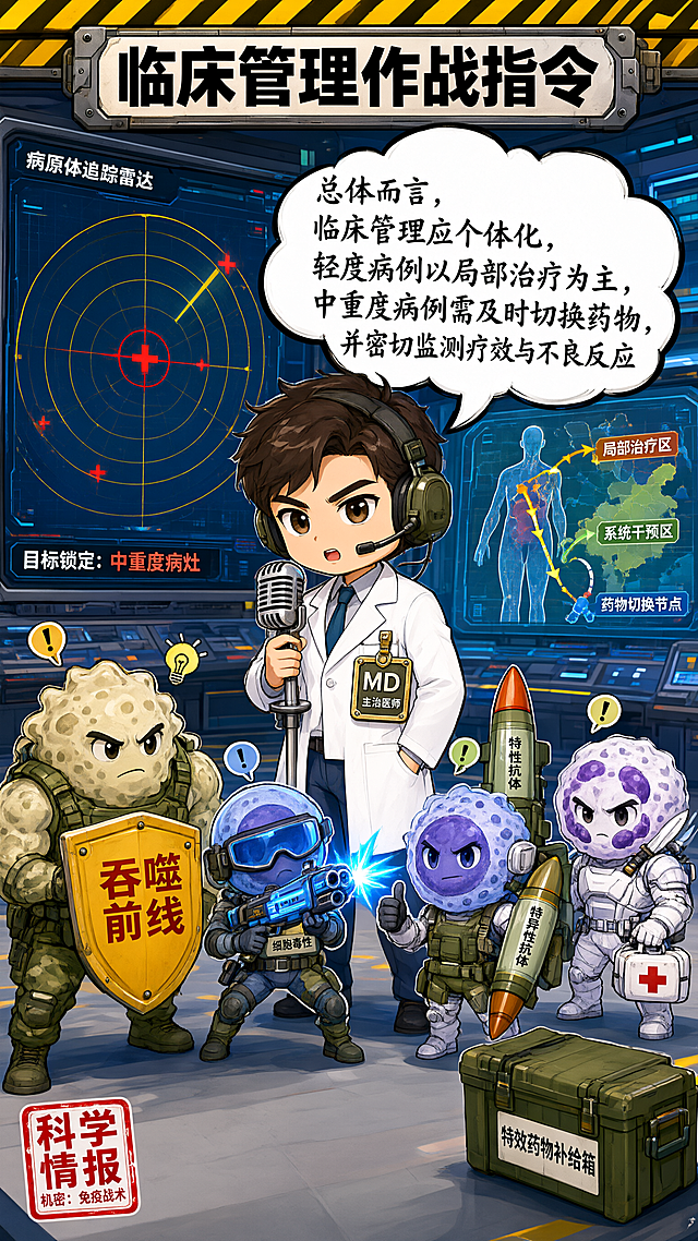 医学科普条漫风格，Q版萌系拟人，军事题材隐喻插画，卡通厚涂质感，清晰粗黑轮廓线，高饱和明快配色，拟人化免疫细胞IP设计，扁平化场景加局部光影，趣味硬核科普风。画面为竖版9:16比例，军事指挥室风格场景。画面中央是一位Q版萌系医生，穿着白大褂，戴着军牌风格徽章，表情认真专业，正在对着麦克风讲话。医生旁边有一个大大的对话气泡，气泡里写着手绘风格的文字：「总体而言，临床管理应个体化，轻度病例以局部治疗为主，中重度病例需及时切换药物，并密切监测疗效与不良反应」。医生周围有Q版萌系的免疫细胞士兵角色，有的拿着盾牌，有的拿着注射器武器，呈列队听讲状态。背景是军事指挥室风格，有雷达屏幕、战术地图、信息面板等元素，顶部有黄黑警示条装饰，边角有科学情报印章、弹药箱等军事科普装饰元素。整体高饱和明快配色，清晰粗黑轮廓线，卡通厚涂质感，趣味硬核科普氛围。