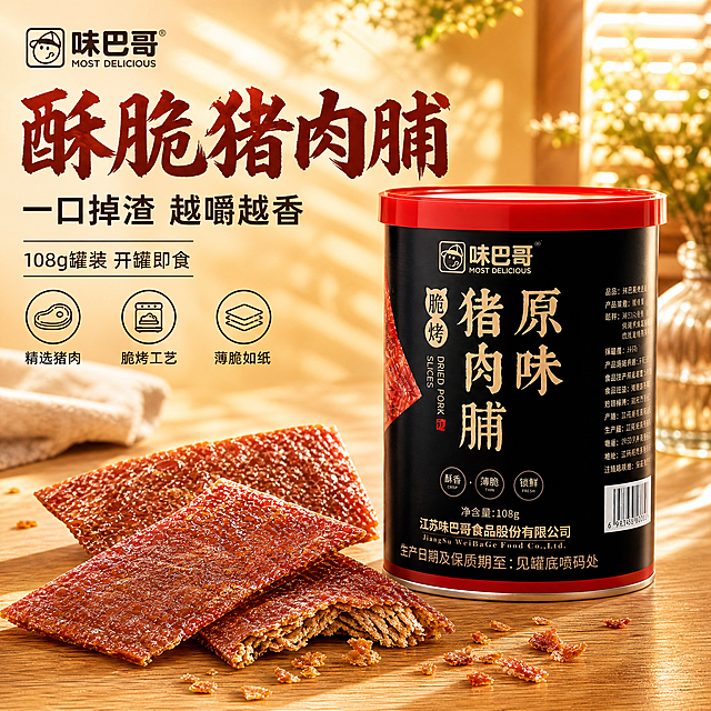 [主图-1] 味巴哥酥脆猪肉脯 首图点击率 食欲诱惑。
[统一基调] 淘宝1:1主图 暖调自然光食欲风 主标题用粗厚书法体红棕色 辅助文案用深棕黑体 强调色朱红 整体温暖诱人 专业品质感。
[画面] 右下方主体为味巴哥原味酥脆猪肉脯108g黑红罐装 罐身完整清晰 品牌logo与产品名清楚可见 罐子左前方散落4-5片极薄酥脆猪肉脯 其中一片被掰开 断面呈现酥脆分层结构 周围散落细碎肉渣碎屑 表现一口掉渣的酥脆感 产品占画面约65%。背景为暖木色桌面 远处虚化的百叶窗透进午后暖阳 有轻微光晕和绿植剪影 营造温馨居家零食时光氛围。左上角放味巴哥品牌logo 左上方为大标题区。
[光影质感] 自然暖阳侧逆光 肉脯表面油亮通透有光泽 酥脆纹理清晰 罐身有自然高光和反射 底部有柔和接触阴影 商业美食摄影质感 高清细腻。
[配色] 主背景暖木黄+米白 标题红棕色 辅助字深棕 强调色朱红 肉脯红棕油亮 整体暖色调食欲感强。
[文字版式] 左上角品牌logo 左上部主标题大字"酥脆猪肉脯" 下方副标题"一口掉渣 越嚼越香" 再下方小字"108g罐装 开罐即食" 底部三个圆形图标分别标注"精选猪肉""脆烤工艺""薄脆如纸" 文字均放在左侧负空间 不遮挡产品主体 字体清晰有力。
[输出要求] 1:1正方形 2048x2048 文字清晰可读 产品完整不切割 肉脯必须是极薄酥脆薄片形态 不能是厚实质感 禁止变形错字模糊杂乱水印 禁止出现淘宝等平台logo。