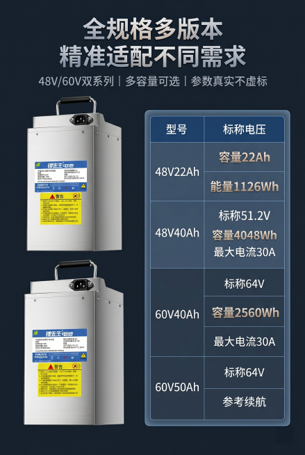 [第6屏] 本屏功能定义：锂先生动力电池48V/60V全系列型号参数详解，使用图1作为48V产品参考，图2作为60V产品参考，严格还原两款产品包装设计、不锈钢外壳、标签文字所有细节，精准还原尺寸：48预览效果