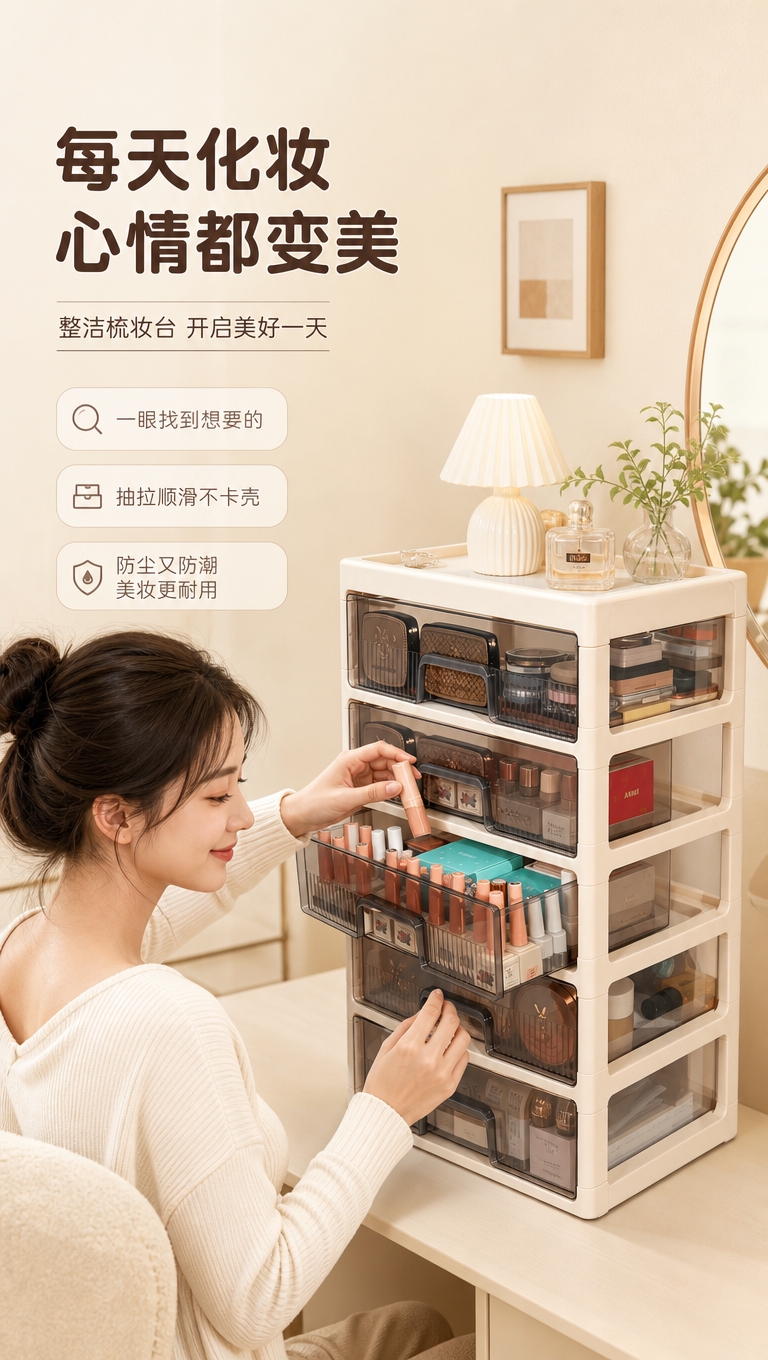 [商品] 使用【图2】奶油白五层抽屉式化妆品收纳柜；保留产品结… - 图片创意预览