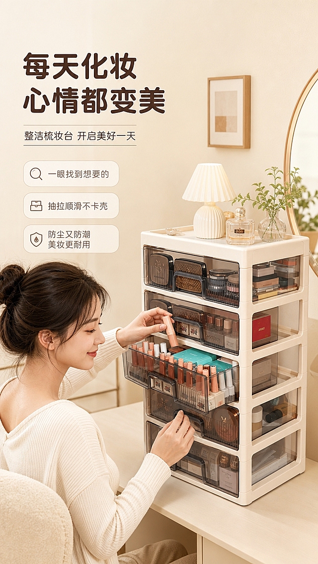 [商品] 使用【图2】奶油白五层抽屉式化妆品收纳柜；保留产品结构、颜色与透明抽屉质感；产品置于梳妆台场景中，人物正在拉开抽屉取化妆品。
[画面] 目标：人物使用场景页，体现日常使用的便捷与愉悦感。构图：左文右图，右侧为女生在梳妆台前提取化妆品的半身场景，产品占画面50%；左侧为文案区。景别：中景。人物：亚洲年轻女生，居家休闲装扮，自然微笑，手正在拉开抽屉拿取口红。场景：温馨奶油风卧室梳妆台，有小台灯、镜子、绿植点缀。
[视觉] 套系策略：风格=奶油治愈系家居商业摄影；标题字=圆润黑体粗体；正文字=简洁无衬线黑体；主色=奶油米白；背景延展=基于奶油米白做深浅层级、同色渐变和细腻墙面/织物质感；强调色=奶茶棕，仅用于小面积图标、引线和标签；标题色=深咖棕；正文色=暖灰棕；组件=圆角浅底信息卡、细线引线、胶囊标签；光影=左前侧暖柔光，柔和自然阴影。
[文字] 左侧主标题「每天化妆 心情都变美」，副标题「整洁梳妆台 开启美好一天」；下方3个短句：「一眼找到想要的」「抽拉顺滑不卡壳」「防尘又防潮 美妆更耐用」；全部横排排版，文字不遮挡人物与产品主体。
[规格] 图片比例9:16竖版，4K分辨率，淘宝/天猫详情页风格，避免变形、错字、文字过小、冷蓝/冷灰背景、产品颜色改变、结构失真、极限词、人物面部不自然。