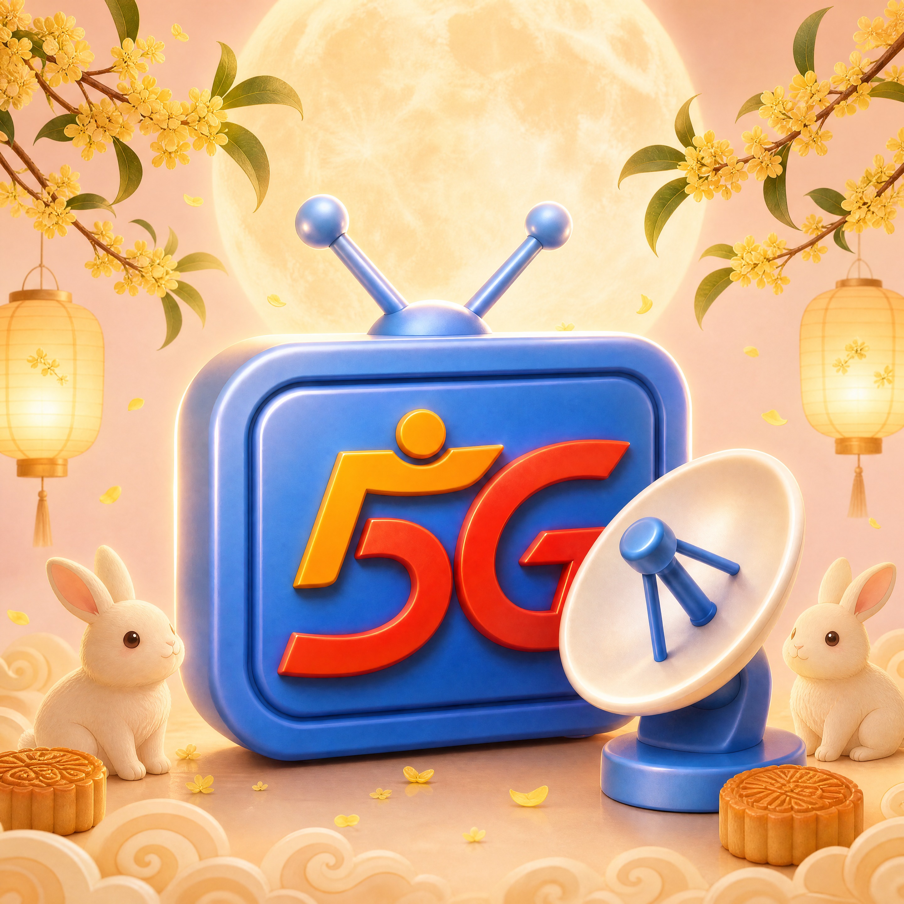 5G电视图标组合（蓝色电视机+天线+橙红色5G立体字+白色卫星… - 图片创意预览