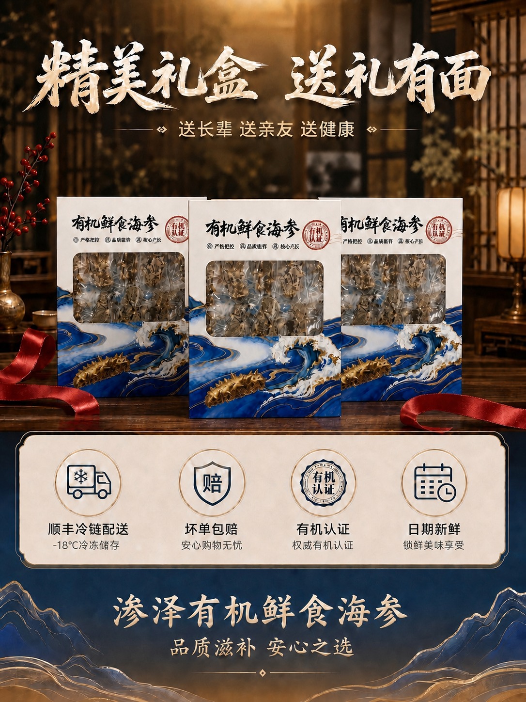 将三个礼盒包装上的小字全部更新为"严格把控 品质监管 核心产区… - 图片创意预览