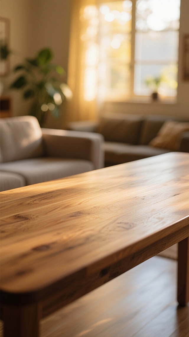 一张木质桌面特写，木纹清晰可见，表面有自然的光泽和细微的光影变化，桌面边缘略微圆润。背景变换为一个温馨雅致的居家客厅环境，柔和的暖黄色主调，光线从窗户透入形成柔和的光斑，远处有模糊的沙发轮廓和绿植点缀，整体氛围宁静舒适，保持原图那种浅景深、柔和对焦的写实摄影风格，突出木桌的质感同时营造出温馨惬意的居家氛围。
