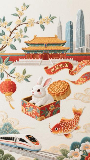 创意：画面视觉中心 点一只的玉兔，坐在月饼礼盒中探出头观望，在空中遨游，畅游在由北京古典建筑与现代地标组成的奇幻城市中，体现古往今来的欢乐氛围。构图： 采用S形曲线构图，活泼灵动，有叙事性延展。场景：预览效果