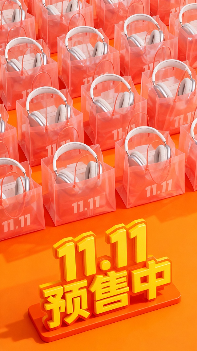 3D风格，塑料质感透明袋装耳机，大字风“11.11预售中”突出促销感，橙色背景强化节日氛围，体积感十足。