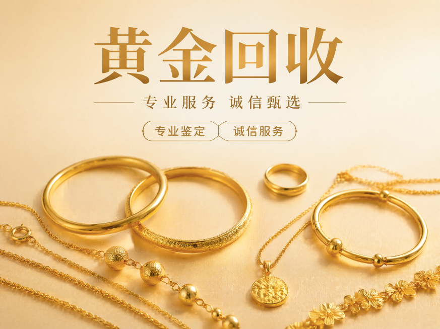 基于参考图生成黄金回收4:3海报，保留主题文案"黄金回收" "专业服务 诚信甄选" "专业鉴定" "诚信服务"，不要出现价格、电话、变现词汇、钻石及钻石标志，采用俯拍平铺构图，黄金饰品平铺在画面下半部预览效果