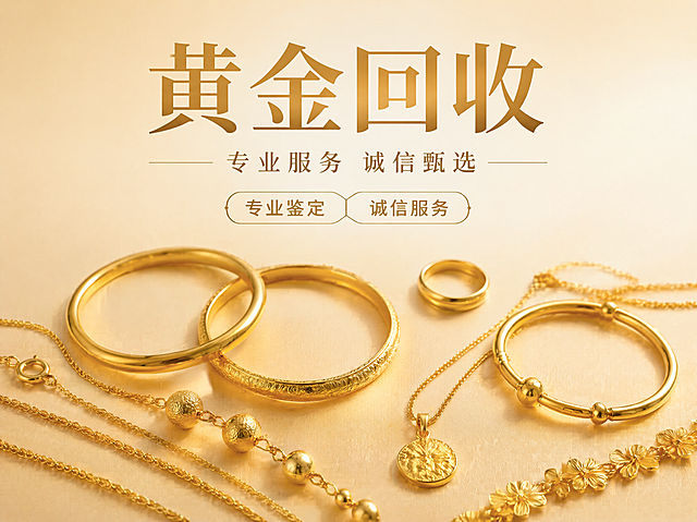 基于参考图生成黄金回收4:3海报，保留主题文案"黄金回收" "专业服务 诚信甄选" "专业鉴定" "诚信服务"，不要出现价格、电话、变现词汇、钻石及钻石标志，采用俯拍平铺构图，黄金饰品平铺在画面下半部分，文案放在上半部分，暖黄色柔光背景，页面简洁高端，4K超高清写实商业摄影，画面干净留白