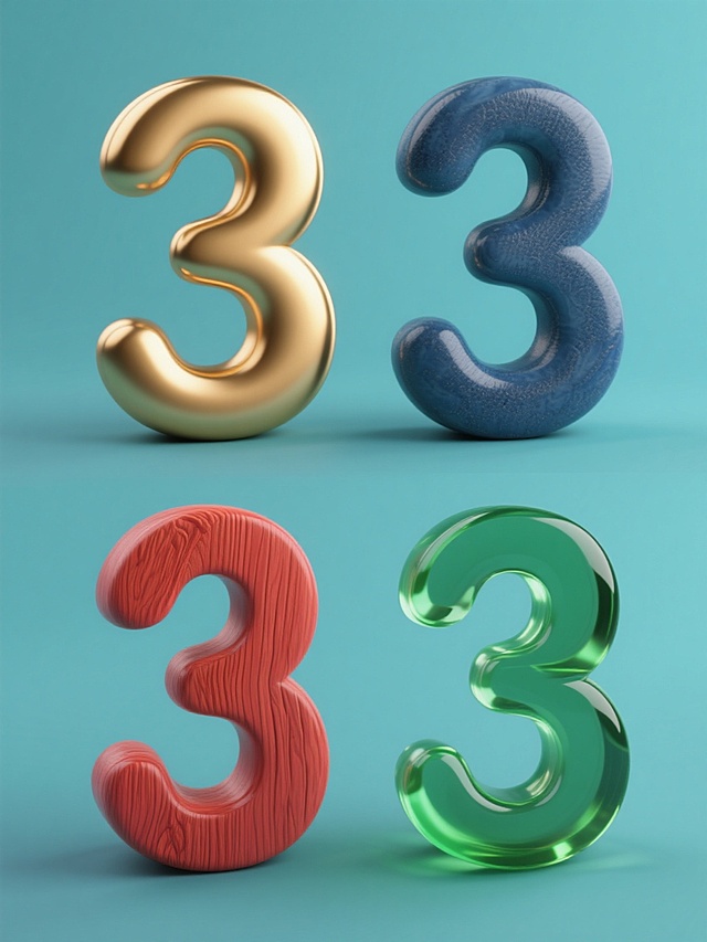 软3D风格的数字“3”系列素材集合，四个完全相同造型的立体数字“3”规整排布在纯色背景上，每个数字“3”具有截然不同的材质——第一个为光滑亮面的金色金属质感，第二个为磨砂哑光的深蓝色陶瓷质感，第三个为带有细腻纹理的红色木纹质感，第四个为半透明光泽的绿色玻璃质感，整体画面色彩明快且对比鲜明，数字边缘圆润柔和，保持一致的立体光影效果，信息传达简洁高效，适合作为系列设计素材使用。