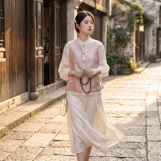 基于原图保留这件新中式服饰：粉色缎面提花马甲搭配米白色蕾丝内搭，保留服装版型和提花细节，生成电商主图，模特为清冷感淡颜系女生，场景为老巷青石板路，光线为下午4-5点 golden hour暖光，突出缎预览效果