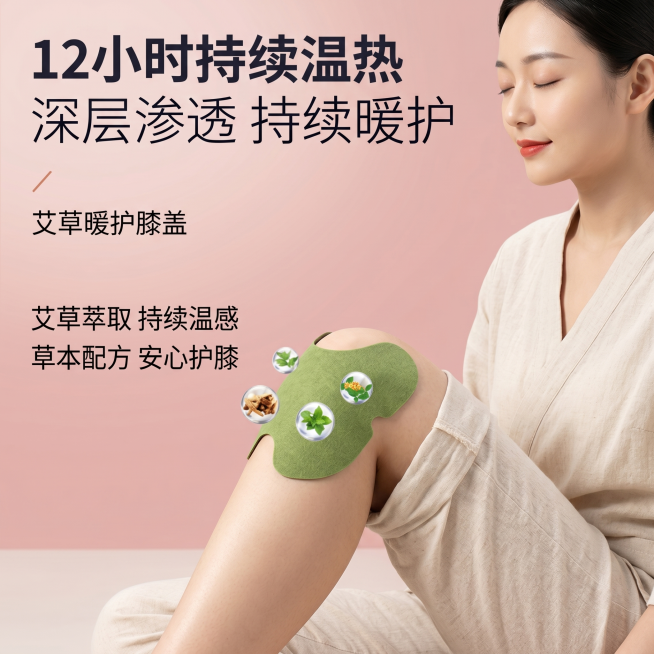 [主图-2] 艾草膝盖贴展示图，参考image3的风格构图，展示膝盖贴贴在膝盖上的效果。
[氛围风格] 真实自然舒适风格，符合淘宝天猫平台调性；
[画质] 商业人像摄影质感、光线柔和通透、产品清晰真实预览效果