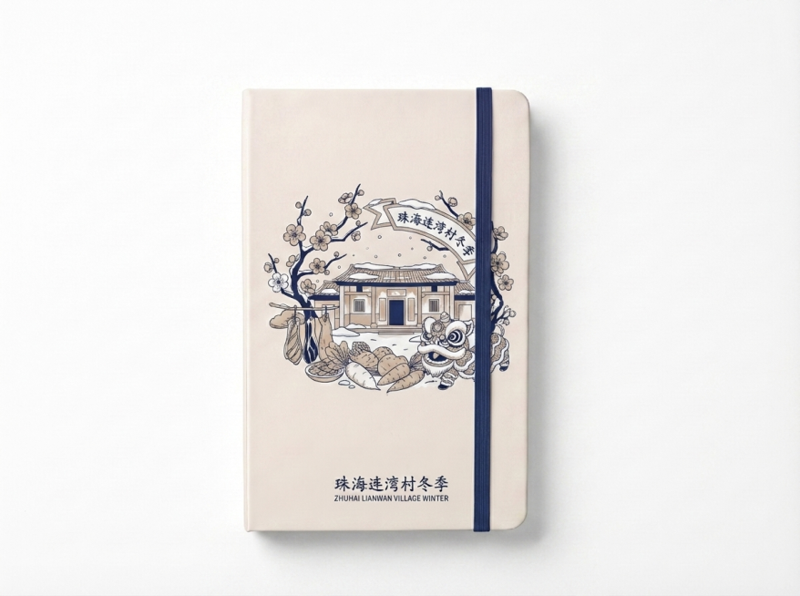冬季主题笔记本封面设计，和参考图版式一致，纯白背景只展示笔记本，融合珠海连湾村特色建筑、冬季农产品和醒狮元素，搭配冬季梅花花卉，同风格精致线稿手绘国潮，米白色笔记本封面，藏蓝色绑带，带有珠海连湾村主题预览效果