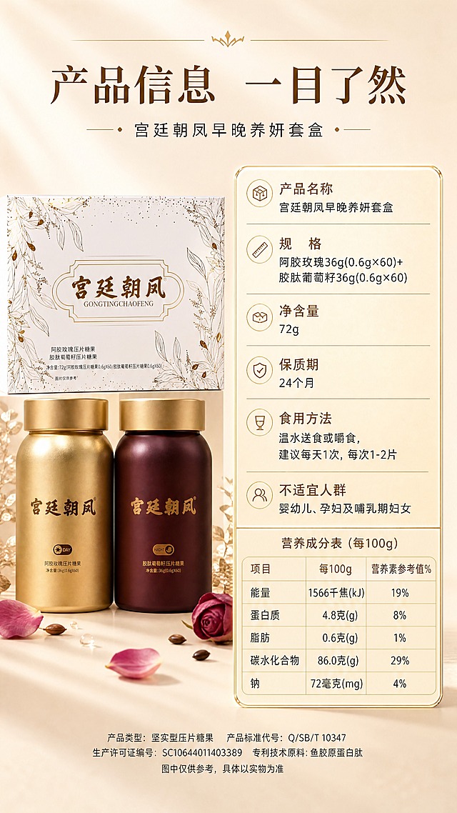 [商品] 使用【图3】【图5】宫延朝凤早晚养妍套盒；保留外盒+双瓶外观、Logo及文字；产品信息、配料、营养成分等数据来源于【图5】包装背面信息，准确呈现不虚构。
[画面] 页面目标：规格参数与营养信息，合规展示产品详情。构图采用左图右表结构，左侧产品组合图（礼盒+双瓶）占画面40%，右侧规格营养信息表占画面50%；背景暖米色，信息表用浅金底+金边卡片呈现；信息层级清晰，手机端可读。
[视觉] 套系策略：风格=高端轻奢新中式商业摄影；标题字=宋体衬线粗体；正文字=简洁无衬线体；主色=暖金+酒红；背景延展=暖米到浅金的细腻渐变；强调色=香槟金；标题色=深金棕；正文色=深灰；组件=金边信息表格、细线分隔、圆角卡片；光影=均匀柔光，产品清晰。
[文字] 顶部主标题「产品信息 一目了然」；规格区：「产品名称：宫延朝凤早晚养妍套盒」「规格：阿胶玫瑰36g(0.6g×60)+胶肽葡萄籽36g(0.6g×60)」「净含量：72g」「保质期：24个月」；食用方法：「温水送食或嚼食，建议每天1次，每次1-2片」；不适宜人群：「婴幼儿、孕妇及哺乳期妇女」；营养成分表（每100g）：能量、蛋白质、脂肪、碳水化合物、钠（数值参考包装）；全部横排，表格清晰。
[规格] 图片比例9:16竖版，4K分辨率，负向提示：避免参数错误、营养数值虚构、错字、文字过小、医疗功效、极限词。