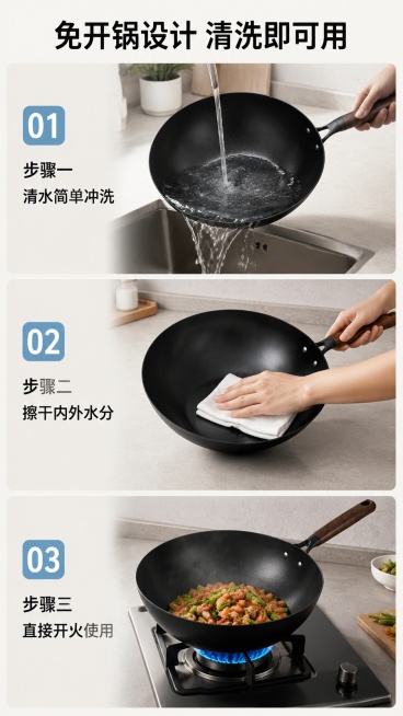[第4屏] 功能演示页，展示免开锅清洗即用便捷过程。本屏使用图1不同产品图分三步演示流程。
[氛围/风格] 步骤清晰演示风，生活场景感，真实自然的厨房摄影质感。
[元素布局] 上下三格分步布局，从上到预览效果