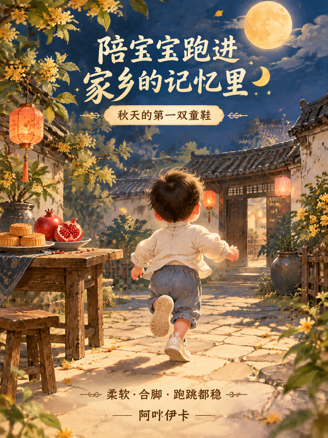 中秋主题童鞋品牌海报，国风新中式工笔与手绘水彩融合风格。画面主… - 图片创意预览