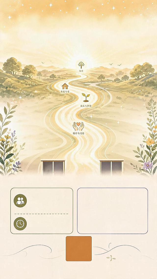 《说出我的选择》高中生亲子生命教育体验活动海报，自由创意设计，竖版9:16。

设计主题：生命教育、亲子对话、温暖与思考。以"生命时间轴"为核心视觉意象，表达从生命终点回望今天的哲思。

视觉风格：温暖治愈的插画风格，柔和的渐变色调，以暖橙、米白、橄榄绿为主色，搭配淡紫色点缀，营造宁静而有温度的氛围。手绘质感，细腻柔和。

主视觉画面：画面中央是一条蜿蜒的生命河流/时间轴，从画面底部（代表出生/现在）缓缓流向画面上方远处的温暖光芒（代表生命终点），河流沿途点缀着代表人生重要时刻的小图标——家庭、成长、陪伴、爱。河流两侧是一对青少年与父母的剪影，他们并肩站在时间轴旁，望向远方的光，背影温暖而有力量。

背景：柔和的米白到浅橙渐变，上方有淡淡的星空/光点，象征生命的浩瀚与珍贵；底部有轻柔的植物叶片和花朵装饰，象征生命的成长与美好。

文字排版：
- 顶部居中大标题："说出我的选择"，字体优雅温暖，字重适中
- 标题下方副标题："高中生亲子生命教育体验活动"
- 主视觉下方主题语："提前遇见生命终点 · 重新思考人生起点"
- 画面下半部分左右分栏呈现活动信息：
  左侧：活动对象与时长
  右侧：五道核心环节
- 底部：合作方与活动地点

画面中必须完整呈现以下文字信息：
主标题："说出我的选择"
副标题："高中生亲子生命教育体验活动"
主题语："提前遇见生命终点 · 重新思考人生起点"
"活动对象：15-18岁高中生及父母 每期10-15组家庭"
"活动时长：约3小时"
"五道人生体验："
"走进松堂 · 生命回响"
"认识选择 · 亲子对话"
"四道人生：道谢·道爱·道歉·道别"
"松堂关怀医院 × 生死甜甜圈 联合呈现"
"地点：北京市朝阳区建国路268号松堂关怀医院"

画面中所有数字必须精确渲染，不得错位、遗漏或编造。
画面中所有信息区域必须填充完整合理的内容，不得出现空白框、空白占位、横线待填写区域。
画面中所有二维码区域使用纯色方块占位符呈现，方块中央标注"二维码占位"文字，严禁生成任何可识别的二维码图案。
版式精美，文字清晰可读，层级分明，四周留足安全边距，整体氛围温暖、宁静、引人思考。