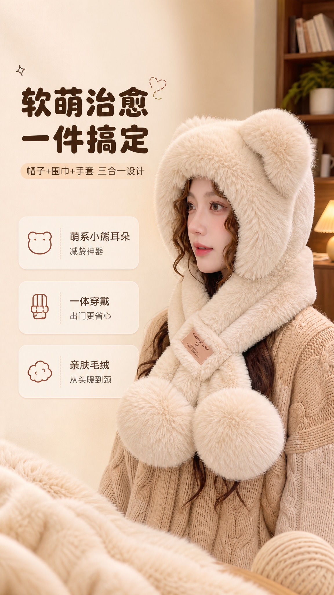 [商品] 使用【图4】奶茶米小熊耳朵帽子围巾一体三件套；保留小… - 图片创意预览