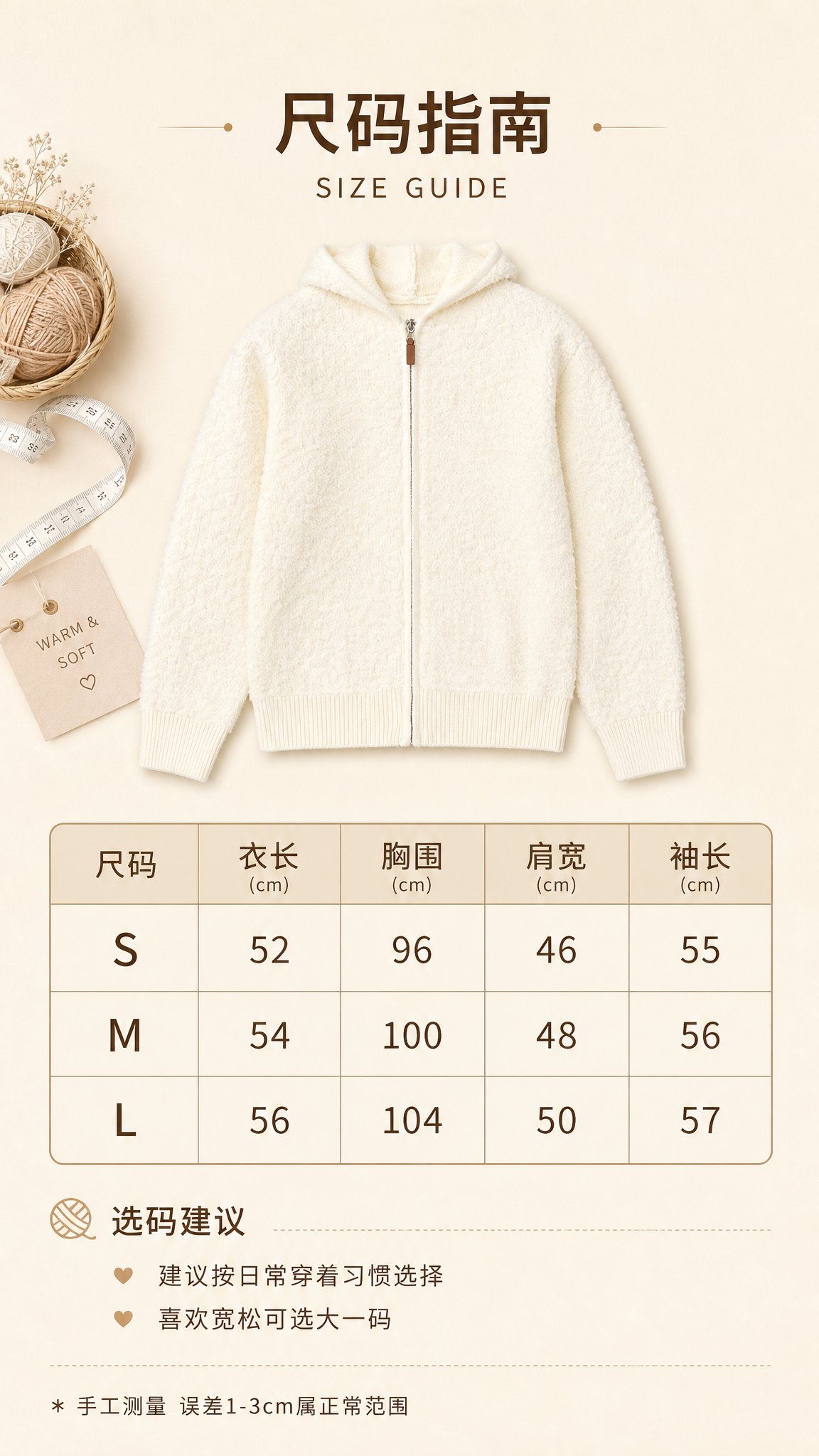 [第6张] 尺码信息页-奶白色圈圈纱连帽开衫尺码表与选购建议。… - 图片创意预览