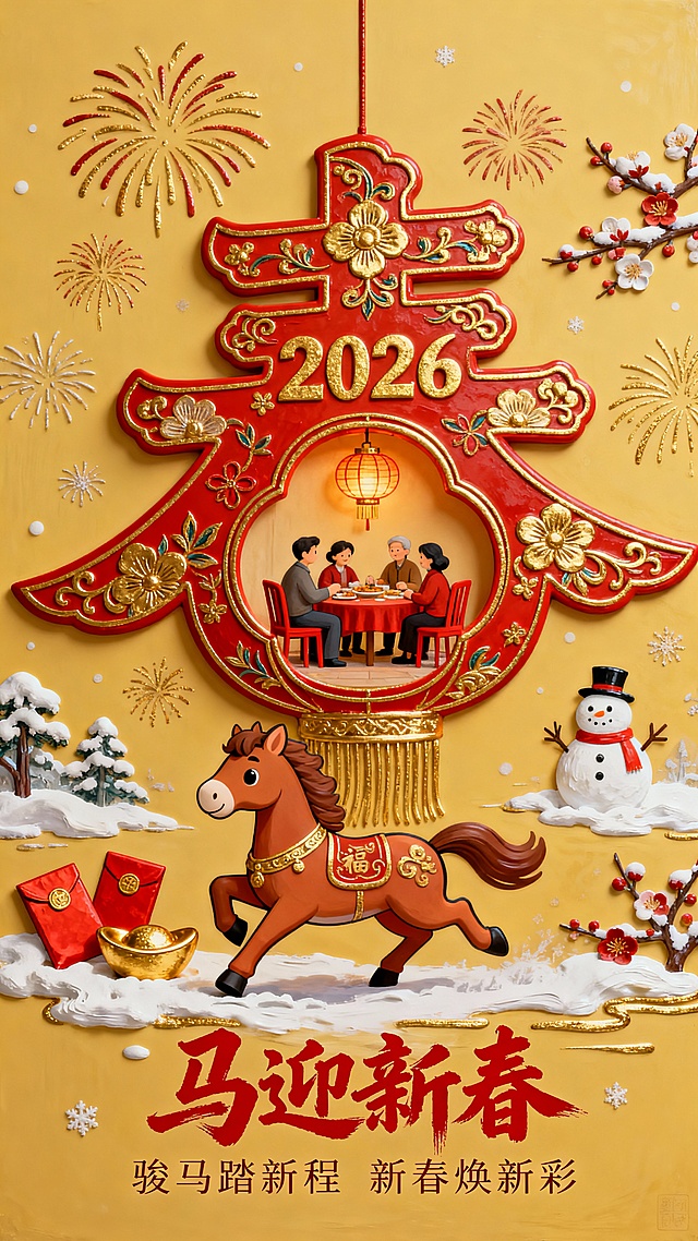 喜庆感十足的中式插画风贺岁图，融合微缩艺术与浮雕质感，鎏金点缀尽显华美。卡通骏马奔腾迎春，家庭团聚场景温暖人心，雪景烟花烘托节日氛围，传递2026新春祝福。