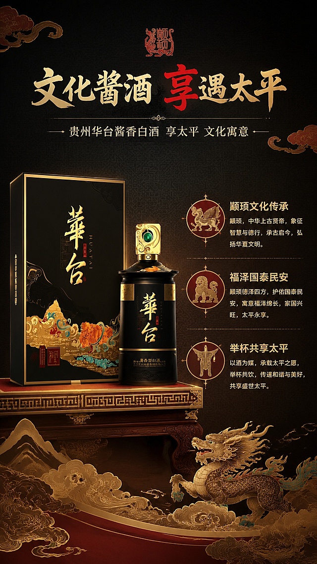 [第5屏] 详情页文化解读屏-贵州华台酱香白酒享太平文化寓意。本屏使用【图1】作为商品主体展示。
[氛围/风格] 新中式国潮风，红金配色，典雅文化氛围感，高端质感。
[元素布局] 背景采用中式回纹底纹，产品置于画面中心偏左下，占比约65%；右侧留出版块介绍文化寓意；搭配传统瑞兽祥云装饰元素，整体层次分明。
[光影质感] 中心柔光照明，产品金属装饰高光突出，背景暗纹层次清晰，整体明暗均匀。
[配色色系] 全局底色 #121212；主色红金；辅助色产品黑金、米白文字。
[视角构图] 中心产品构图，左侧产品，右侧文案，四平八稳符合文化主题调性。
[文字版式] 顶部主标题，左产品，右文案。主标题「文化酱酒 享遇太平」，右侧分点介绍文化寓意：「颛顼文化传承 福泽国泰民安 举杯共享太平」，字体风格保持书法标题+宋体正文，字色不超过两种，文字清晰可读。
[比例分辨率] 9:16 竖版比例，4K分辨率，文字清晰可辨，高清画质。
[负向提示词] 产品变形，文字错乱，瑞兽图案模糊，颜色偏差，水印，文字过小。