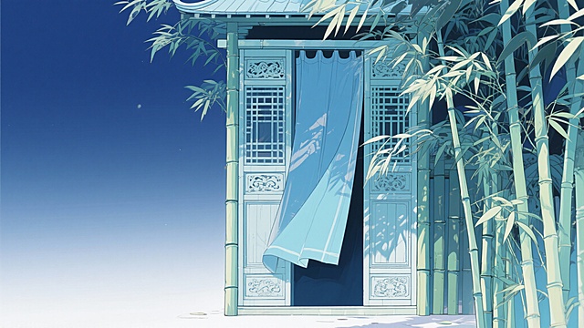 二次元古风，竹子门，浅蓝色为主，细节丰富，生成2张，不要人，4k，16:9